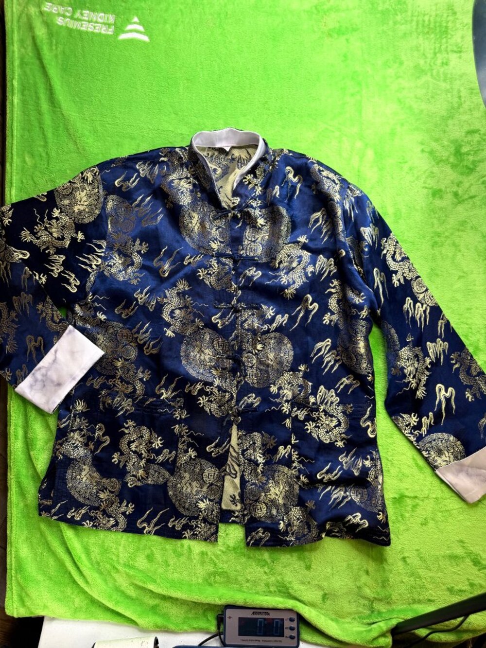 Chinese Dragon Brocade Jacket Navy Gold Frog Closure Mandarin Collar Sz L